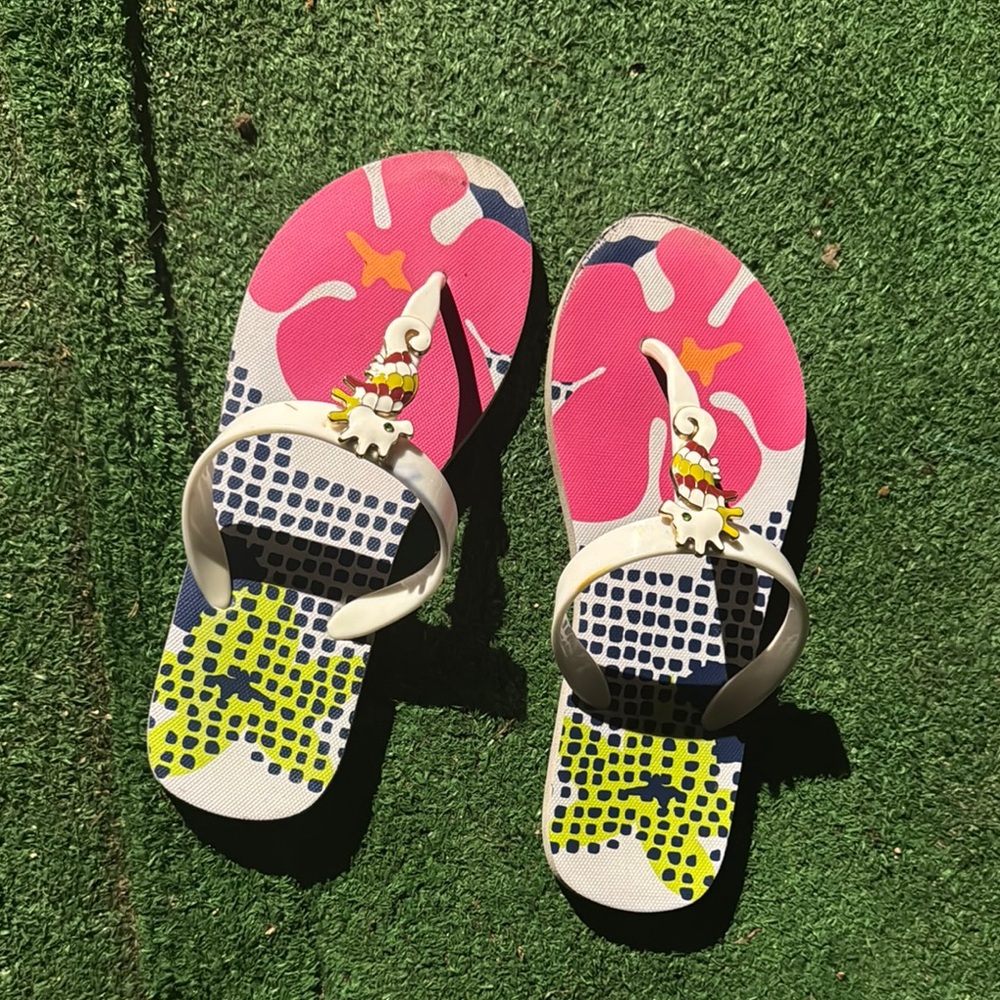 Pink and Yellow Sandals with Rhinestone Embellishments
